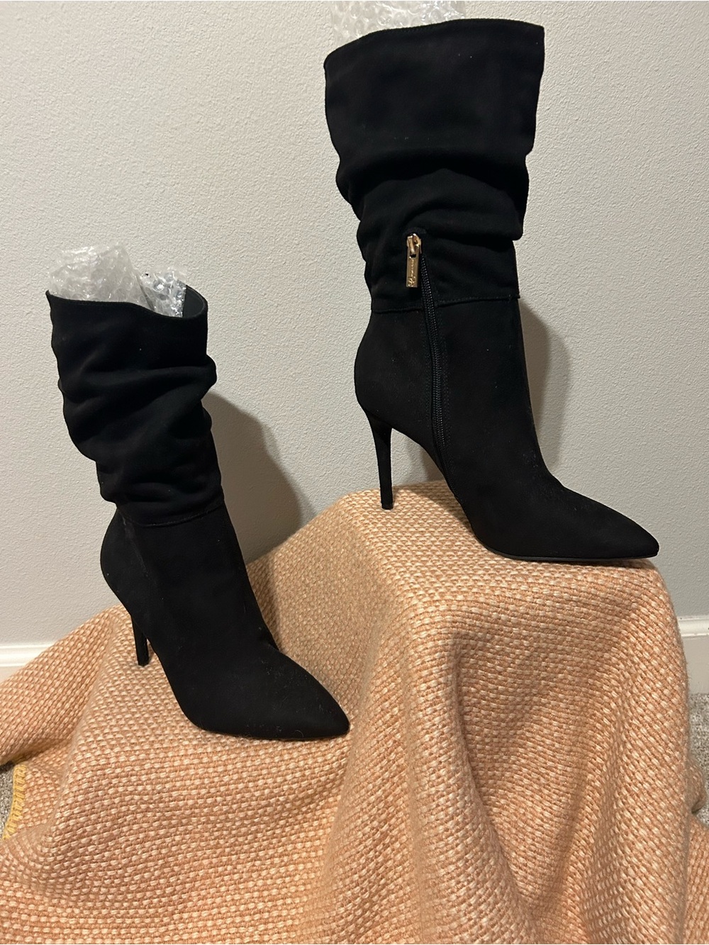 NEW Jessica Simpson Black Suede Pointed-Toe Slouchy Mid-Calf Heeled Boots Sz 8